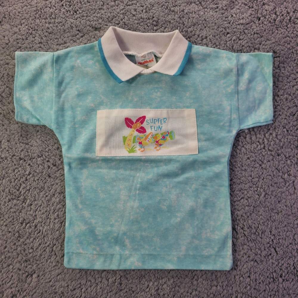 Vintage Health-tex Kids 3T Surfer Fun Polo Shirt Blue Acid Wash Made in USA NWT